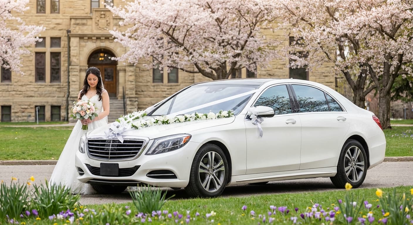 Spring wedding transportation in Calgary with luxury vehicle and blooming flowers