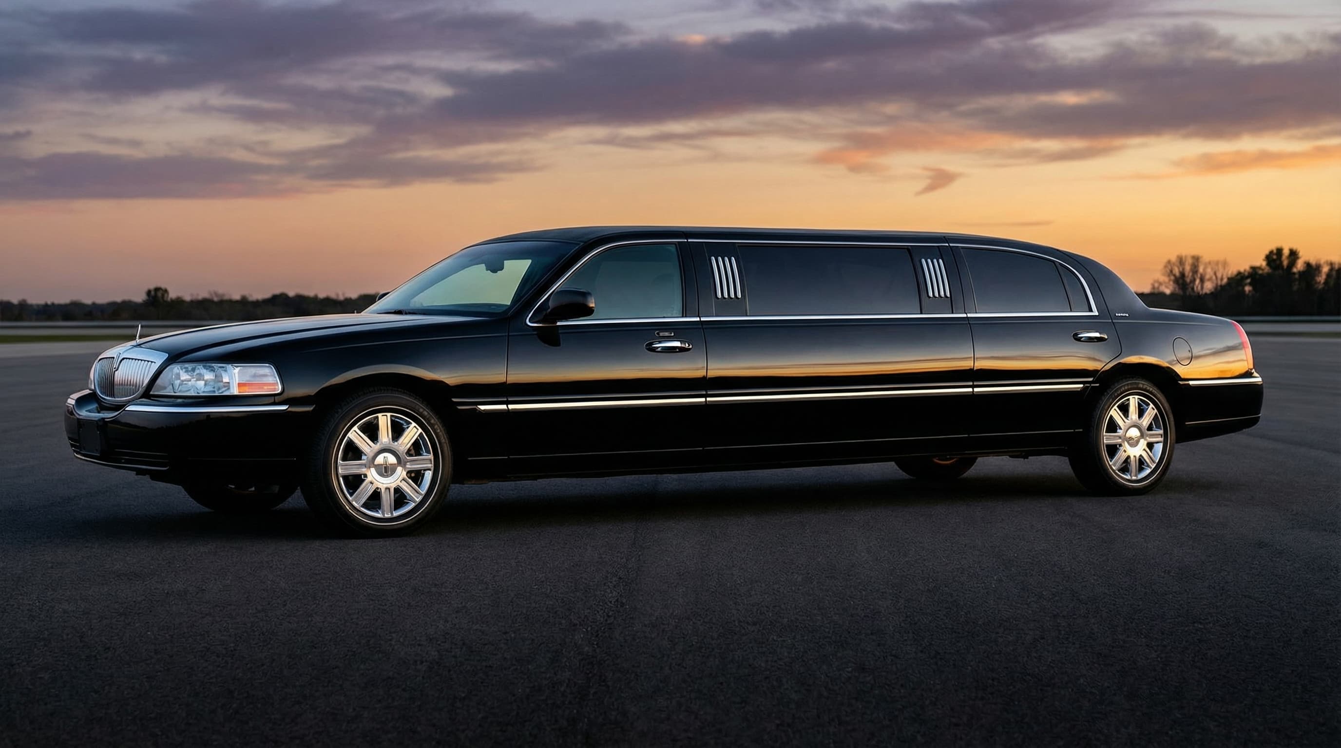 Black stretch limousine at dusk