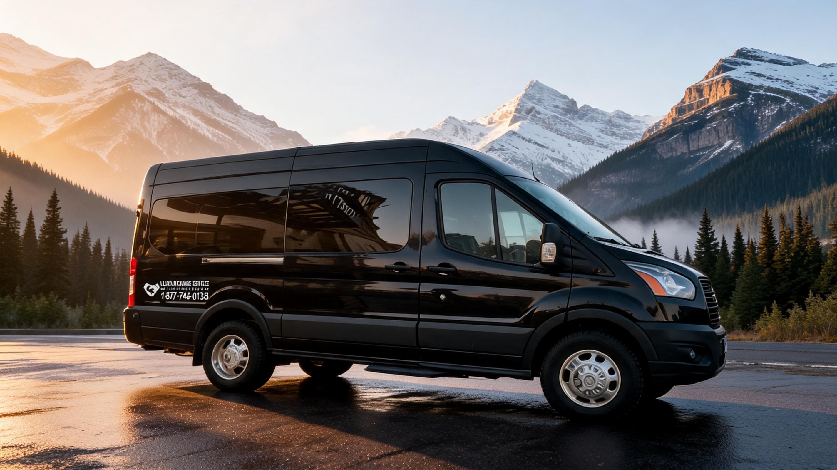 Ford Transit executive van in front of the Rockies