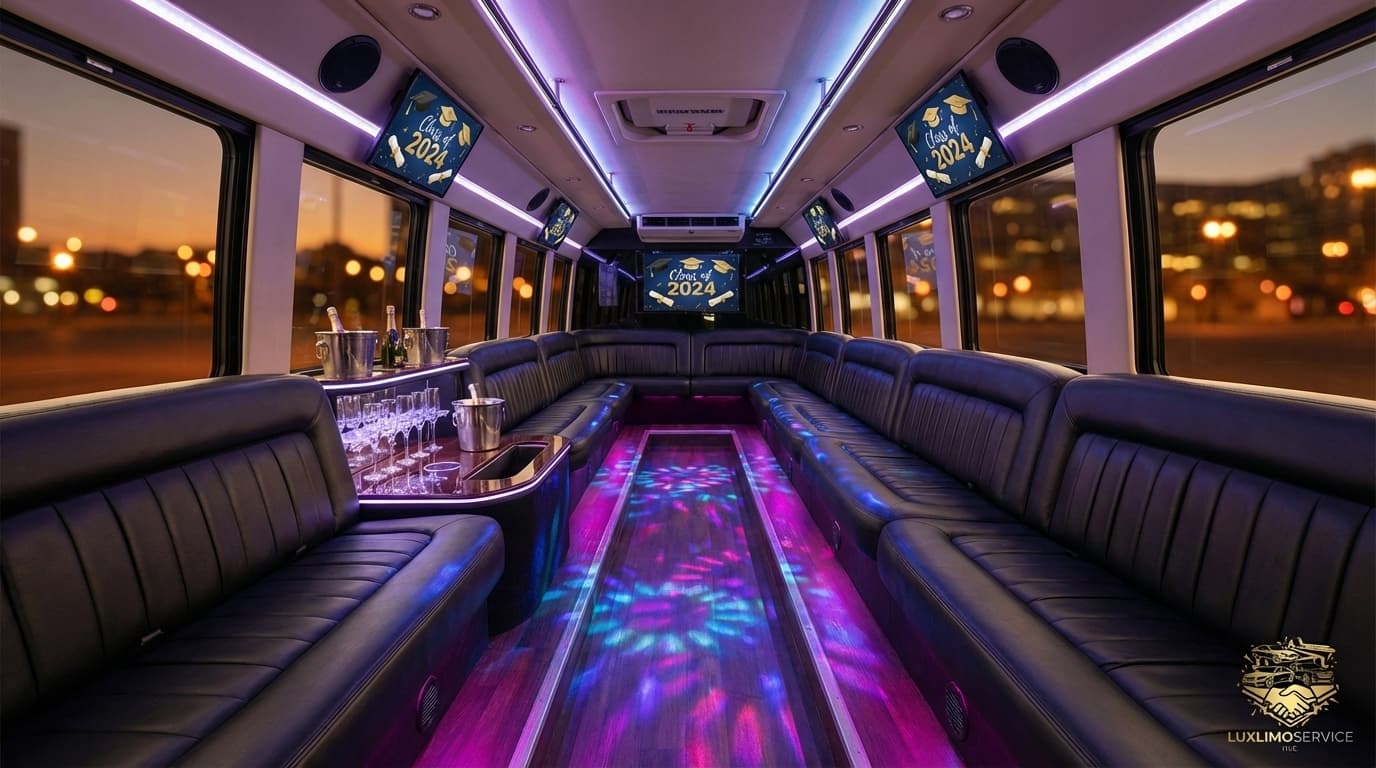 Party bus interior with LED lighting for graduation celebration