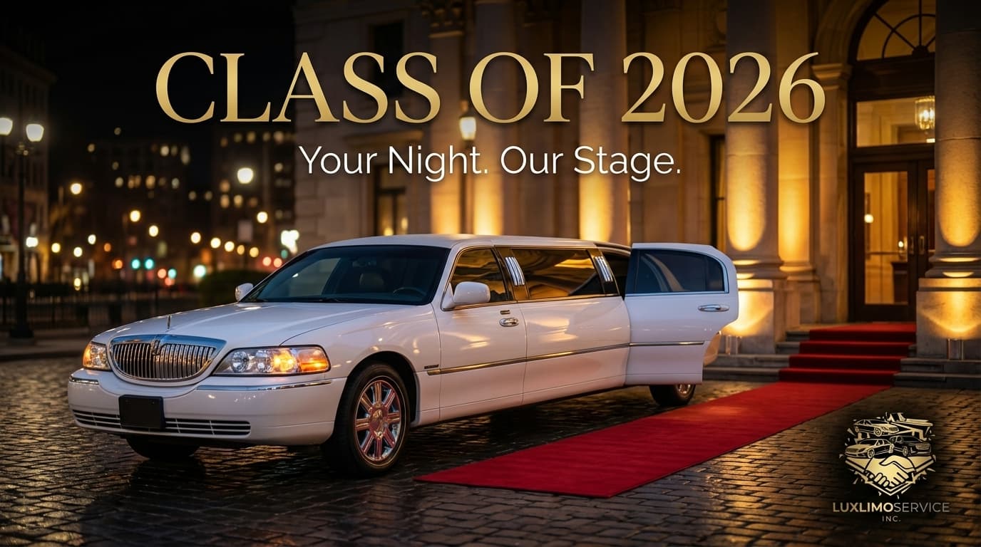 Prom limousine with red carpet at venue entrance