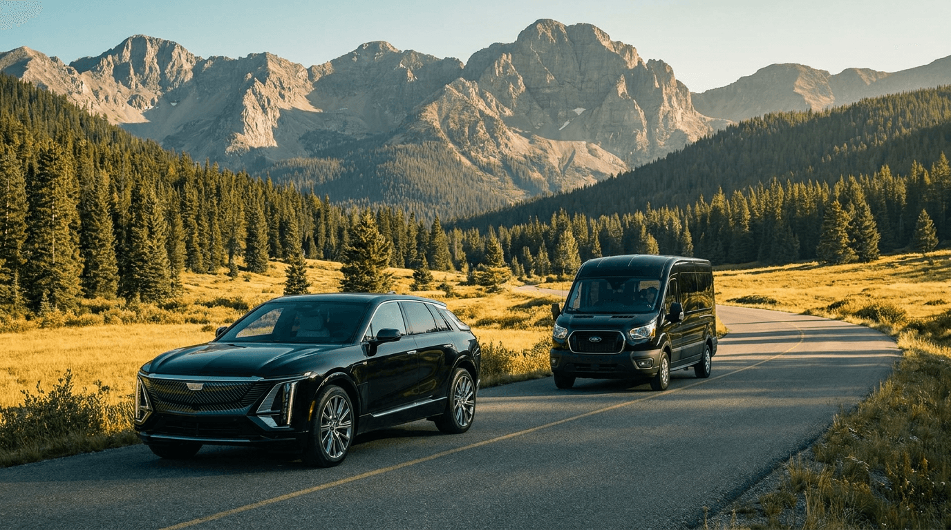 The Memory Chest Tours fleet: Cadillac Optiq and Ford Transit on a Rocky Mountain road