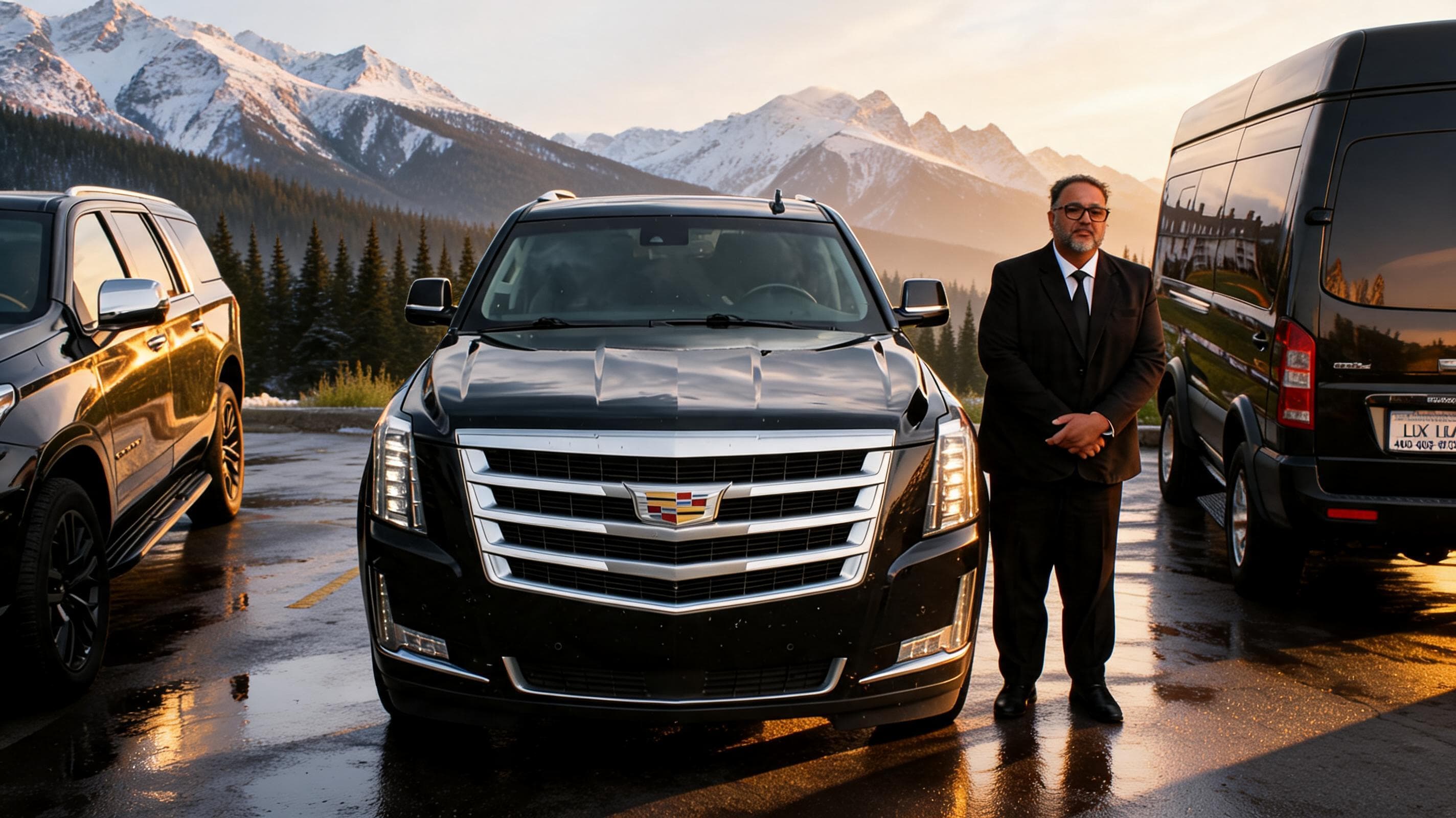 A Lux Limo chauffeur beside a black Cadillac Escalade, mountains behind