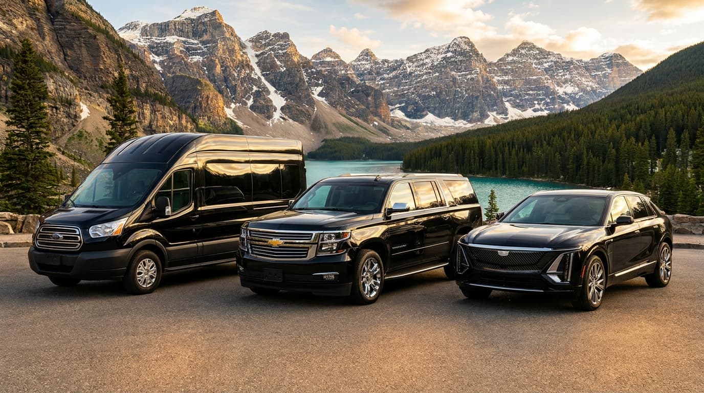 The Memory Chest Tours fleet: Ford Transit van, Chevrolet Suburban SUV and all-electric Cadillac Optiq at a turquoise Rocky Mountain lake