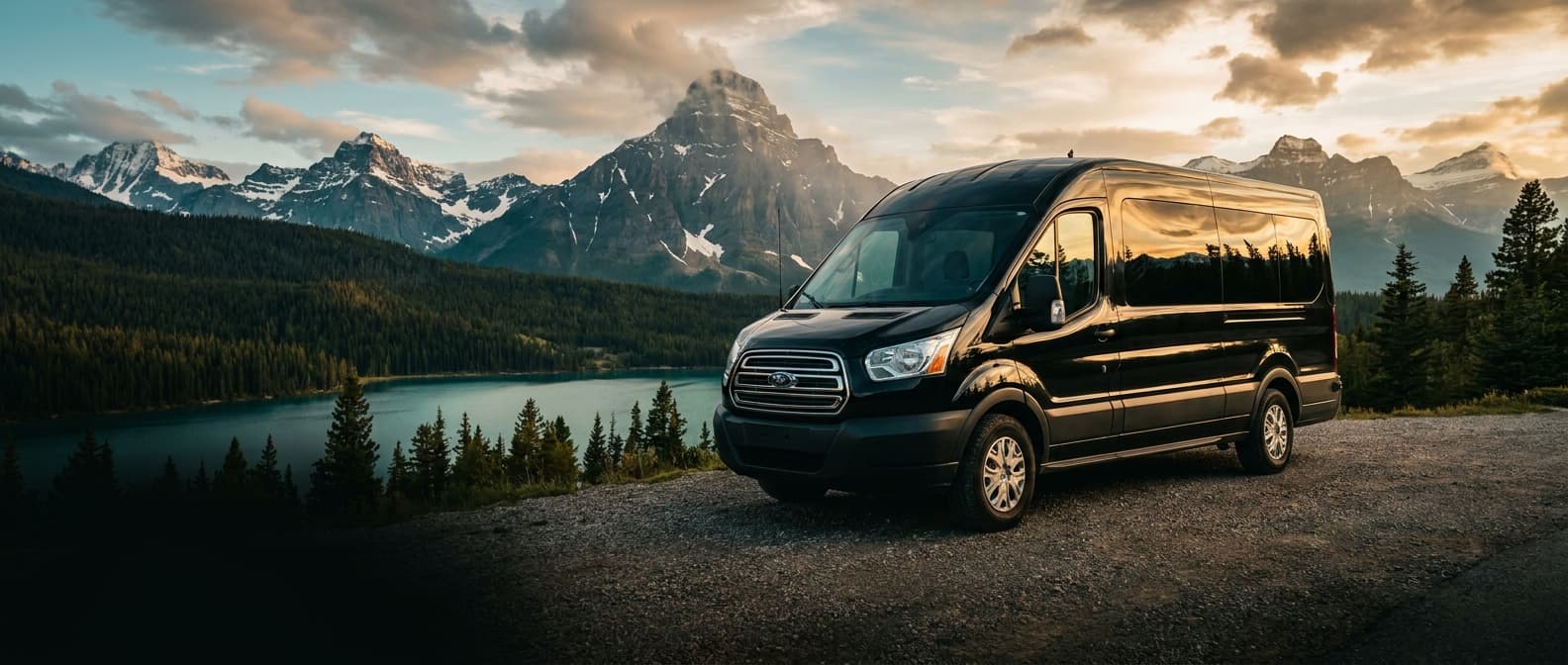 A private Ford Transit on a winding road through the turquoise lakes and snow-dusted peaks of the Canadian Rockies