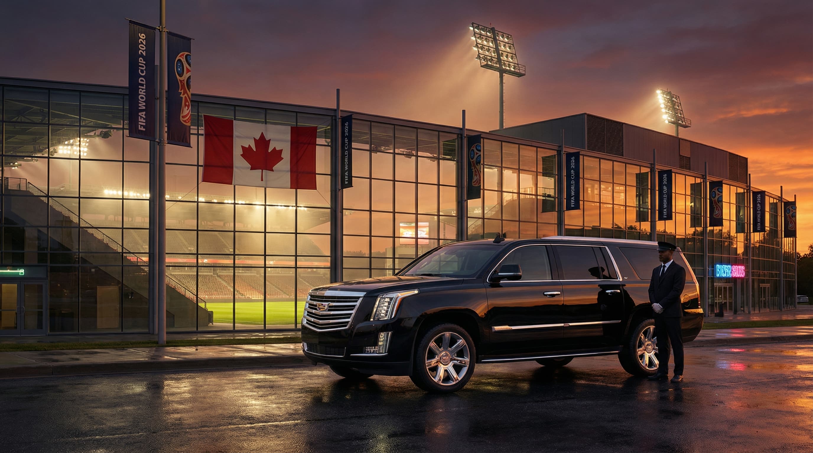 World Cup 2026 luxury transportation - Cadillac Escalade at stadium